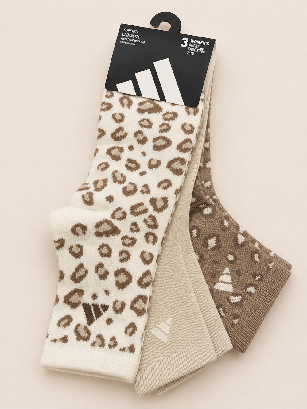 adidas Women's 3-Pack Leopard Crew Socks in Cream, Tan & Brown